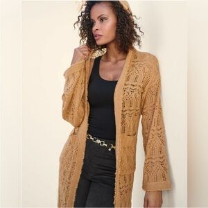 VENUS Women's Dark Gold Open Knit Fringe Duster